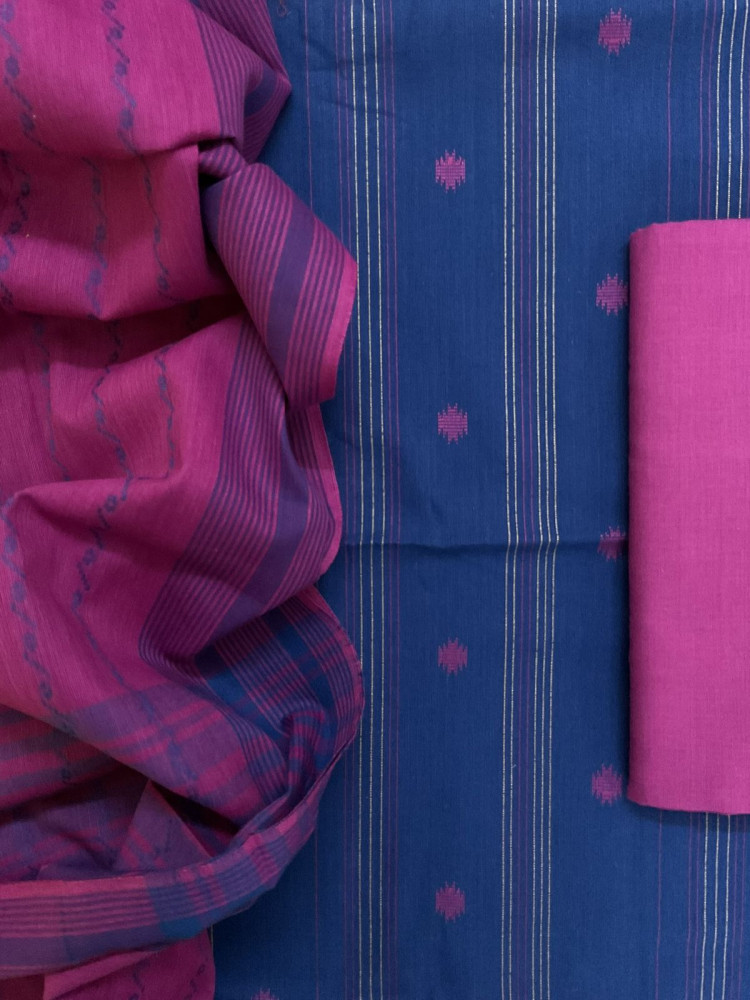 Image of Pure Handloom Cotton Self Weaved Suit - Blue