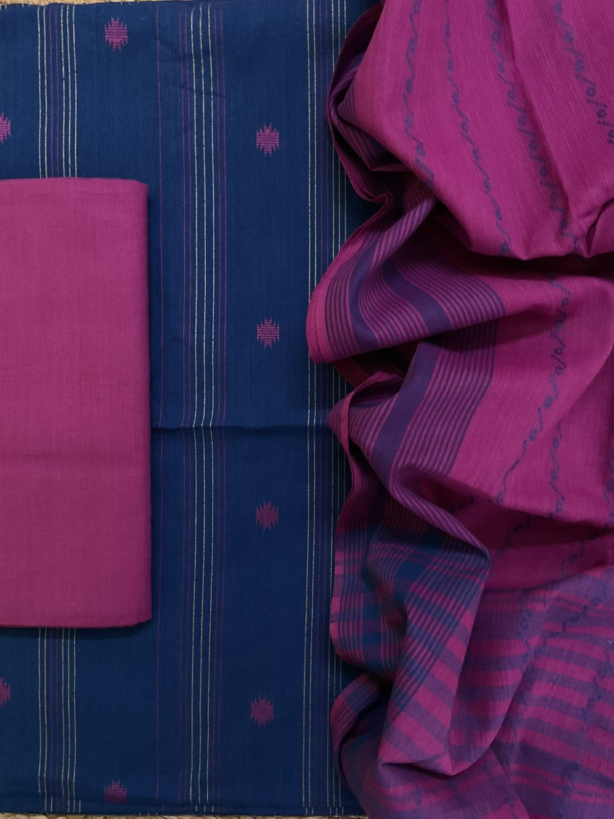 Pure Handloom Cotton Self Weaved Suit - Blue
