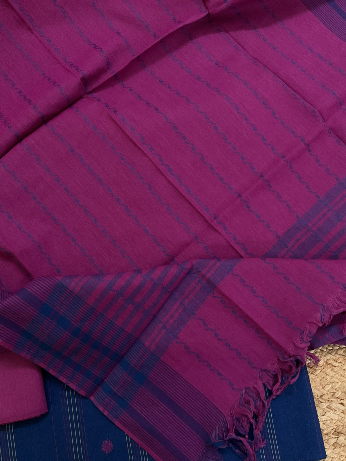 Pure Handloom Cotton Self Weaved Suit - Blue