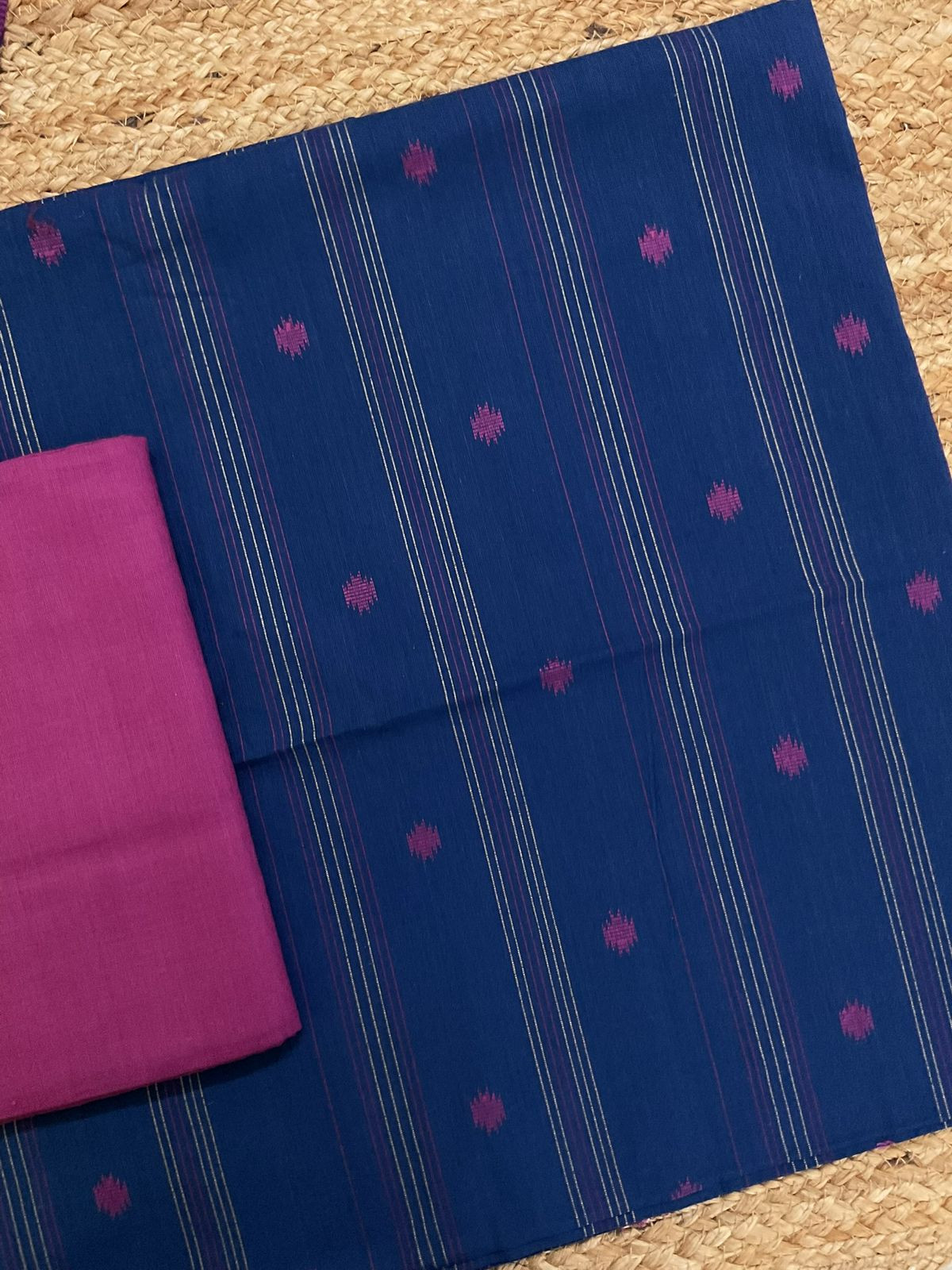 Pure Handloom Cotton Self Weaved Suit - Blue