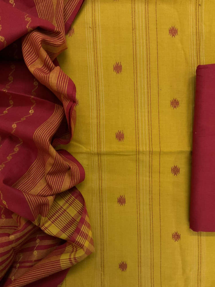 Image of Pure Handloom Cotton Self Weaved Suit - Yellow
