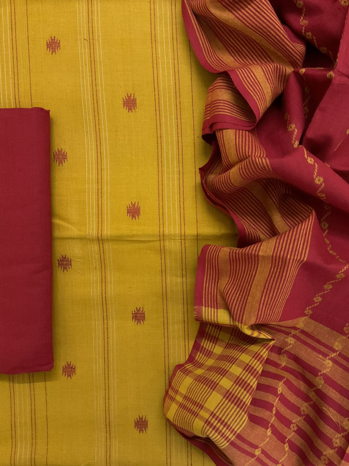 Pure Handloom Cotton Self Weaved Suit - Yellow
