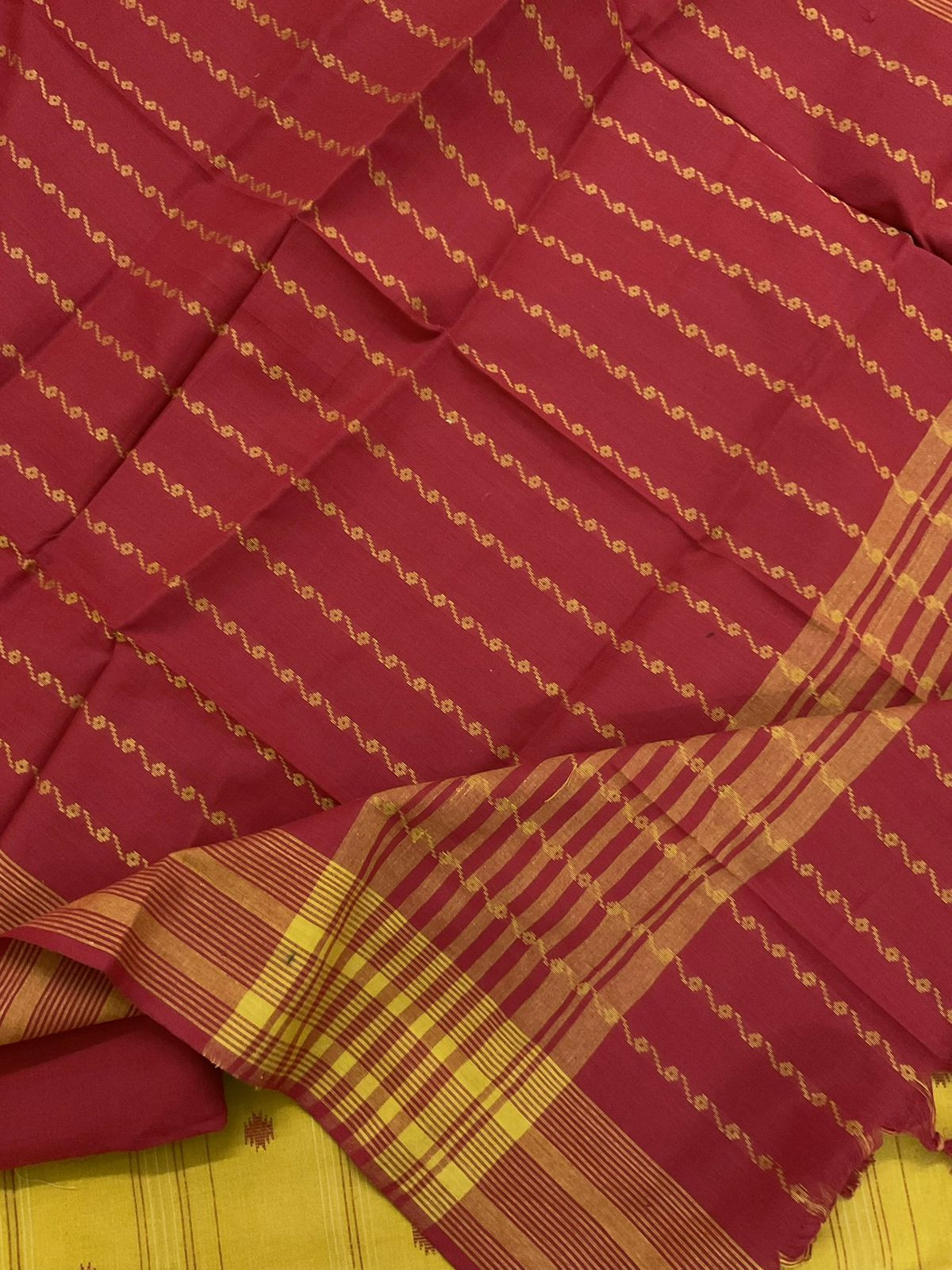 Pure Handloom Cotton Self Weaved Suit - Yellow