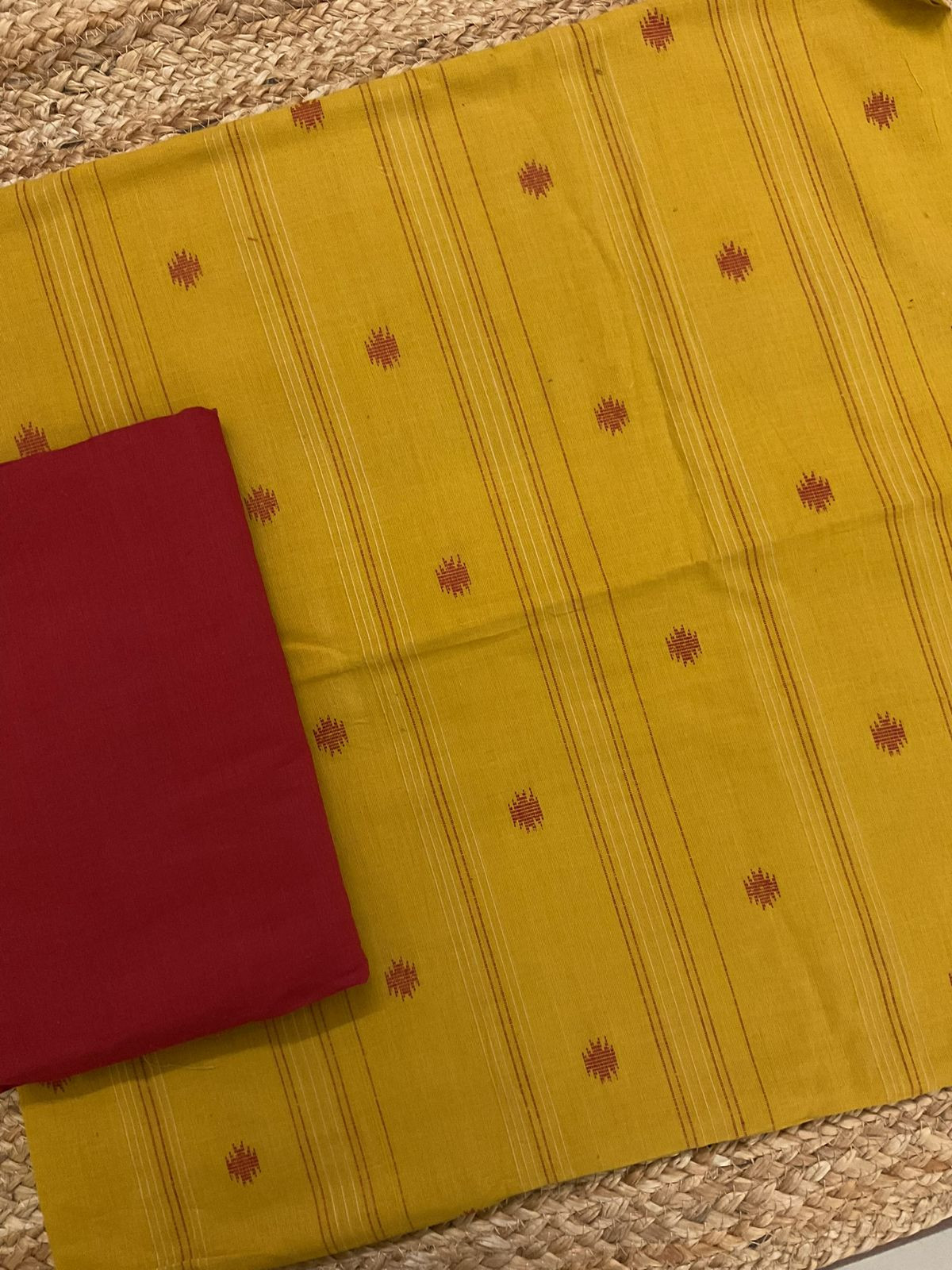Pure Handloom Cotton Self Weaved Suit - Yellow