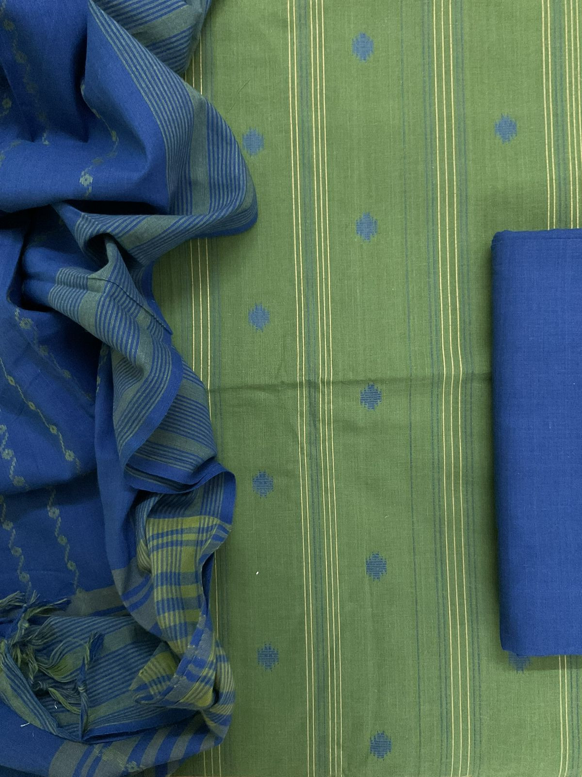 Pure Handloom Cotton Self Weaved Suit - Green