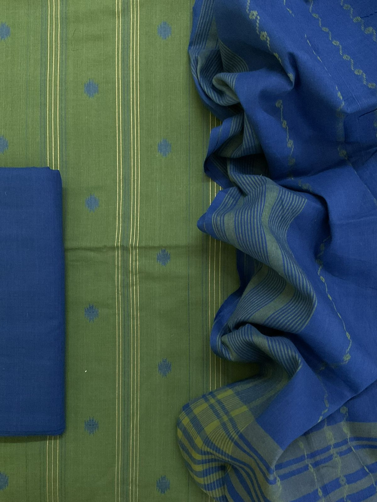 Pure Handloom Cotton Self Weaved Suit - Green