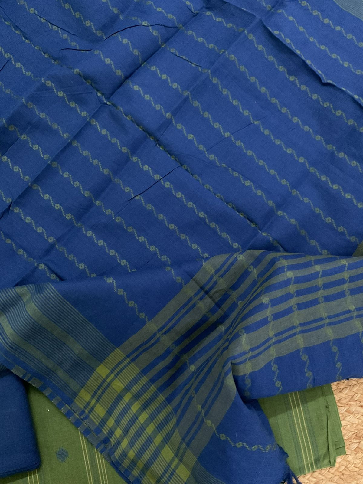 Pure Handloom Cotton Self Weaved Suit - Green