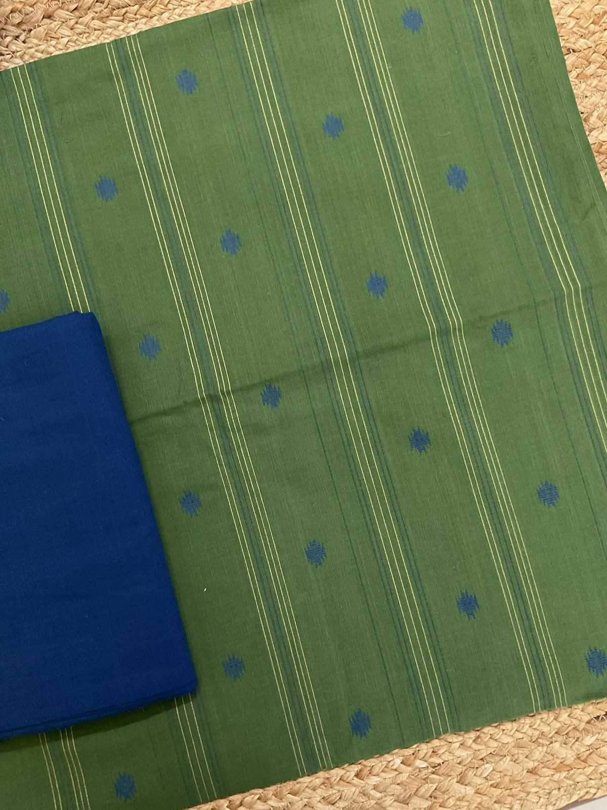 Pure Handloom Cotton Self Weaved Suit - Green