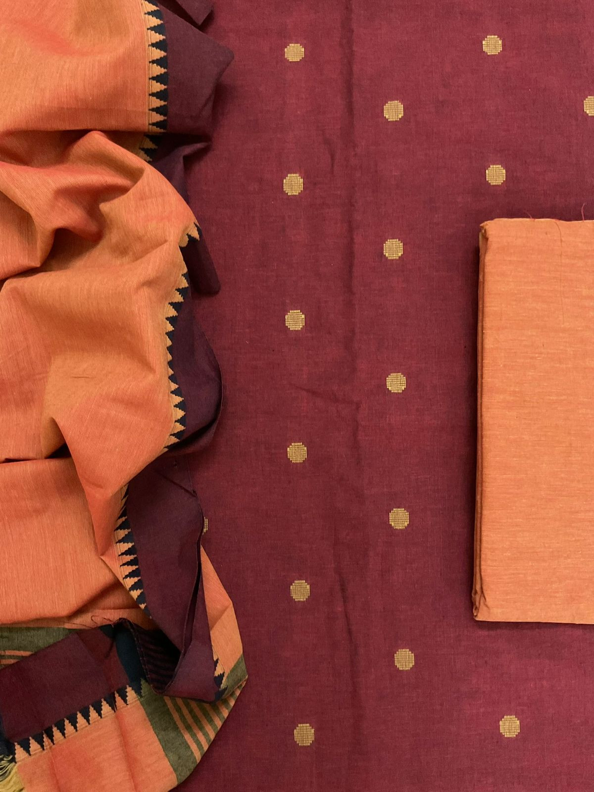 Pure Handloom Cotton Self Weaved Suit - Maroonish Brown