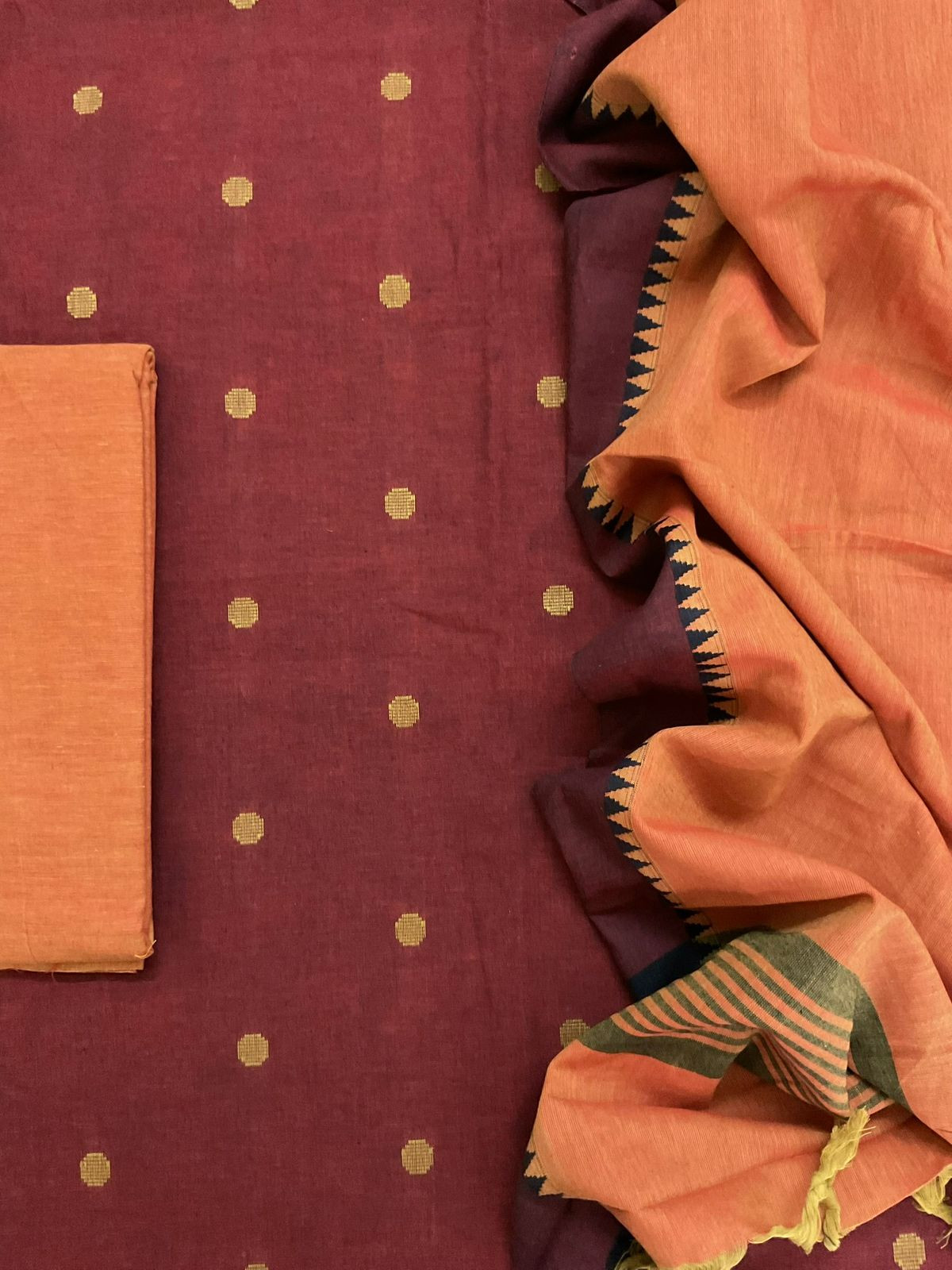 Pure Handloom Cotton Self Weaved Suit - Maroonish Brown