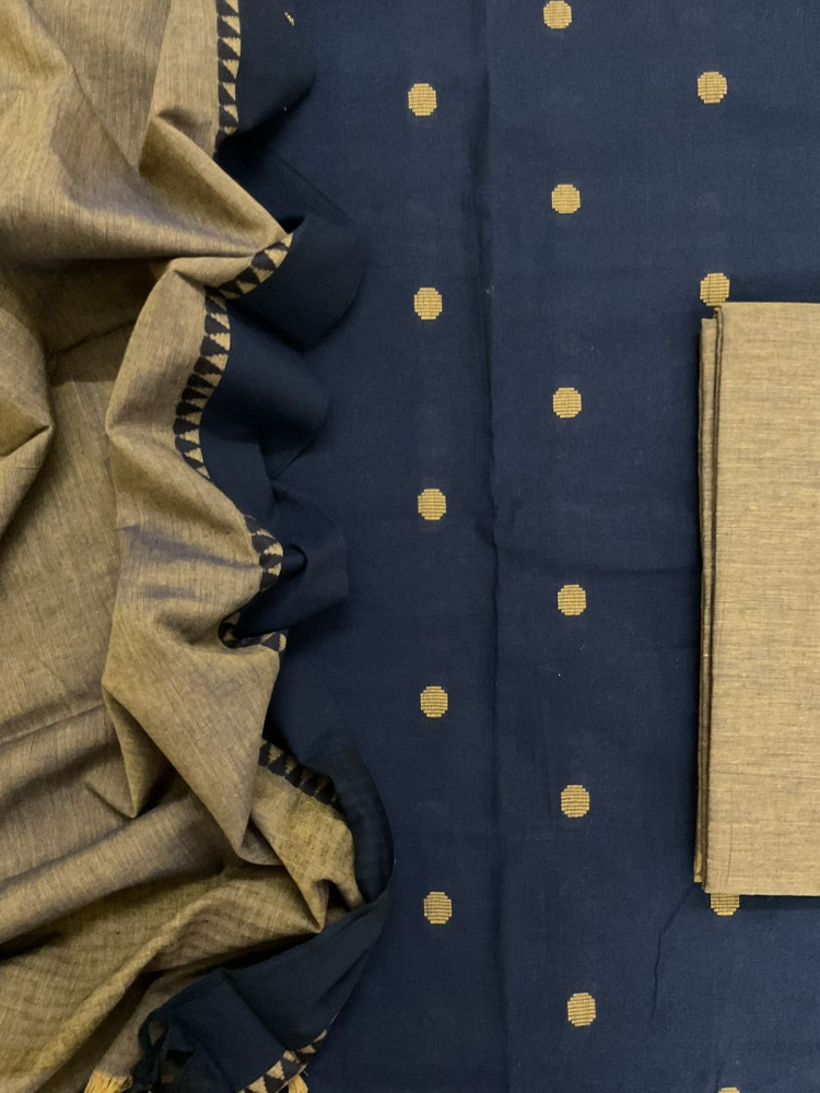 Image of Pure Handloom Cotton Self Weaved Suit - Blue