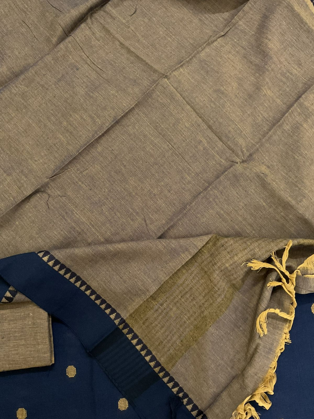 Pure Handloom Cotton Self Weaved Suit - Blue