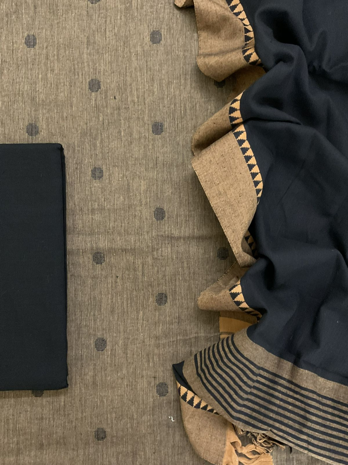 Pure Handloom Cotton Self Weaved Suit - Beige