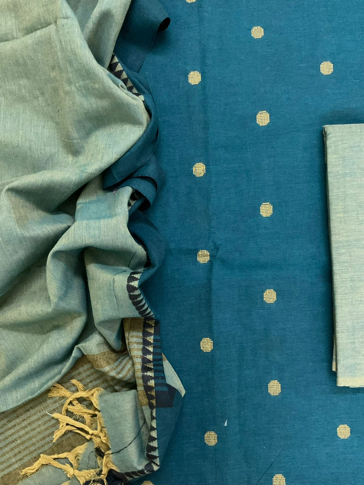 Pure Handloom Cotton Self Weaved Suit - Teal Blue