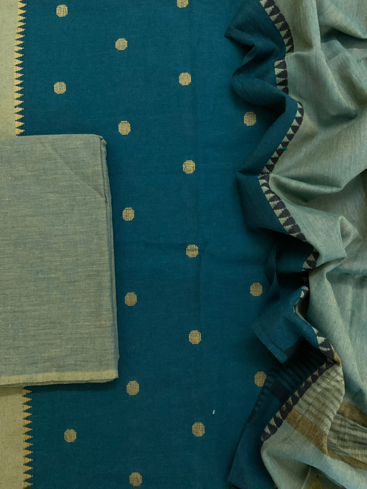 Pure Handloom Cotton Self Weaved Suit - Teal Blue