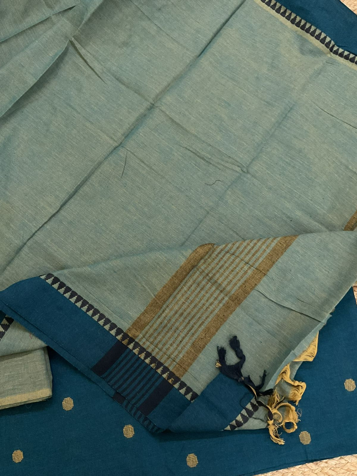 Pure Handloom Cotton Self Weaved Suit - Teal Blue