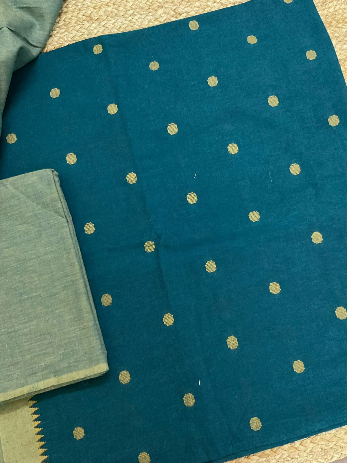 Pure Handloom Cotton Self Weaved Suit - Teal Blue