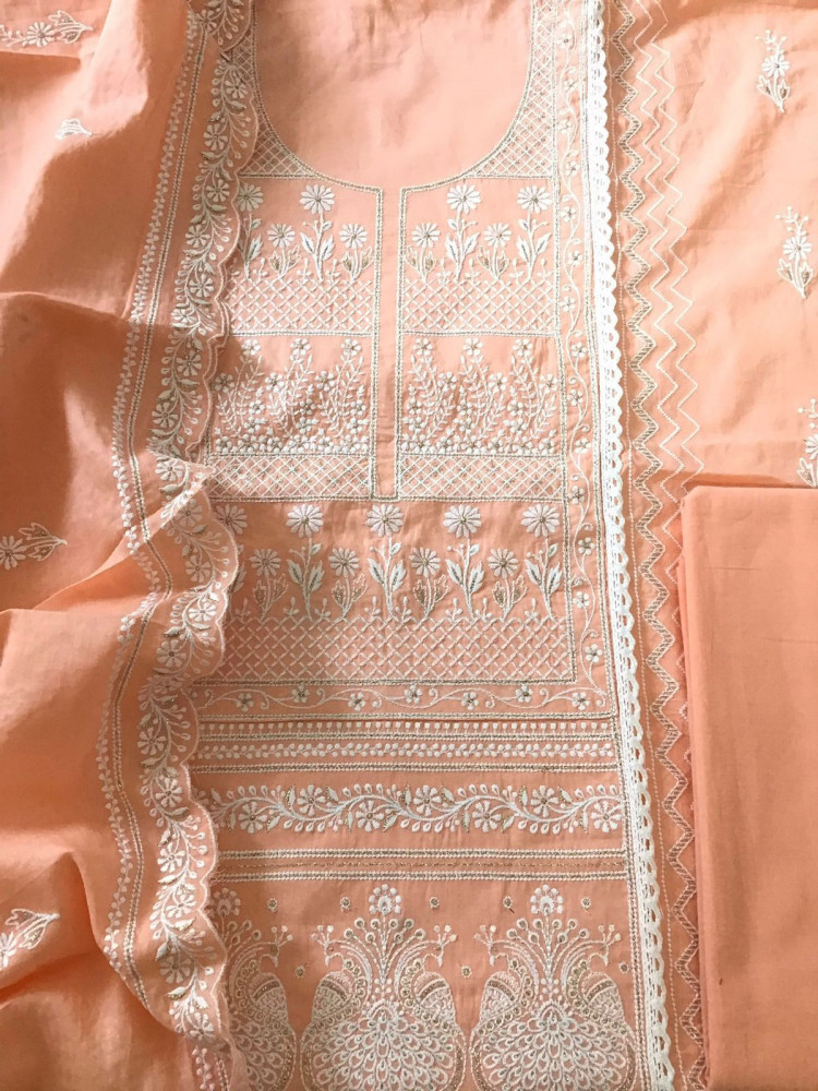 Image of Pure Mul Cotton Embroidered Suit - Peach