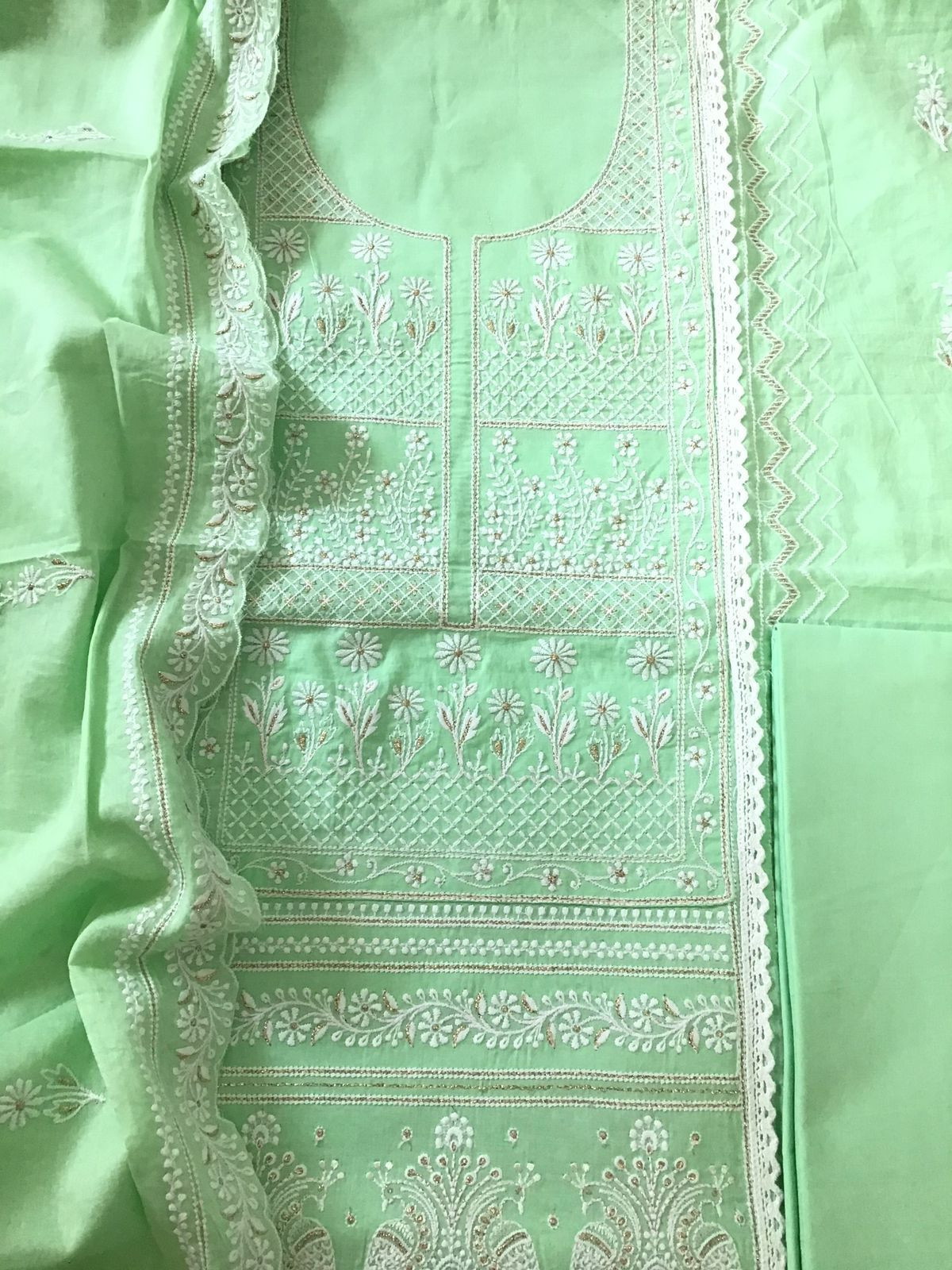 Pure Mul Cotton Embroidered Suit - Green
