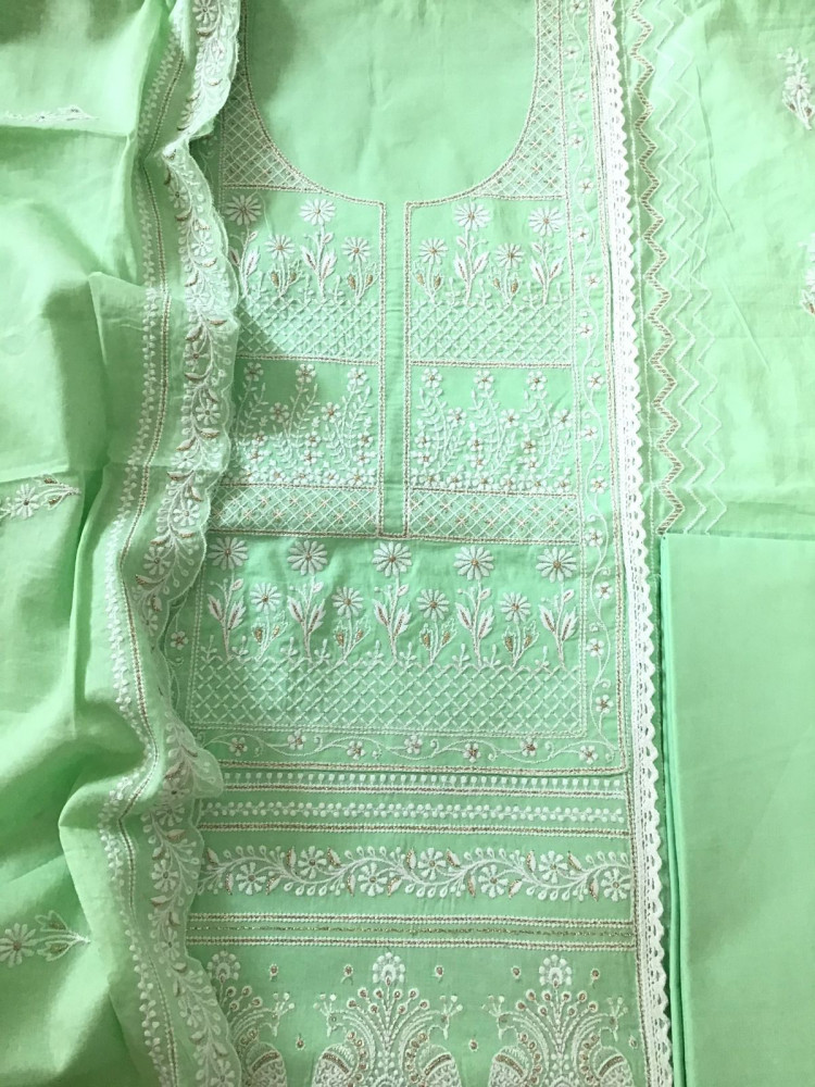 Image of Pure Mul Cotton Embroidered Suit - Green