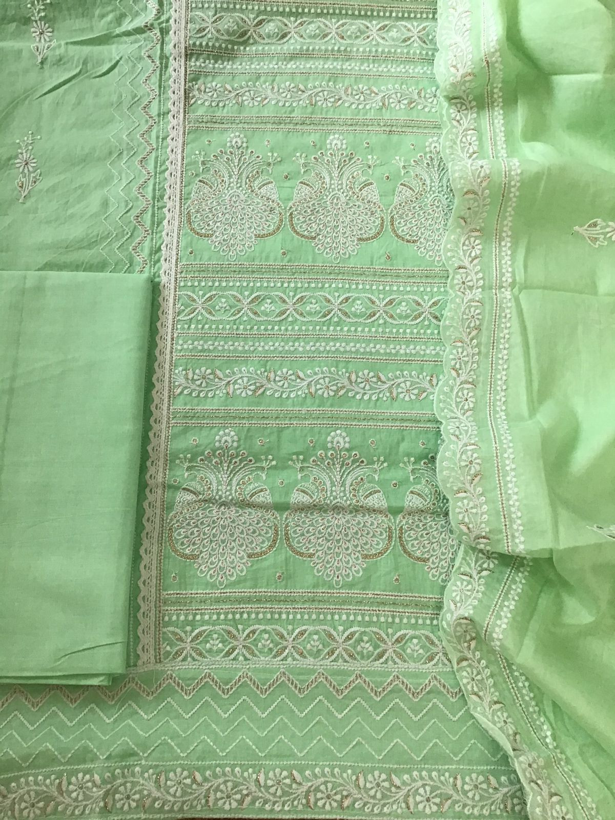 Pure Mul Cotton Embroidered Suit - Green