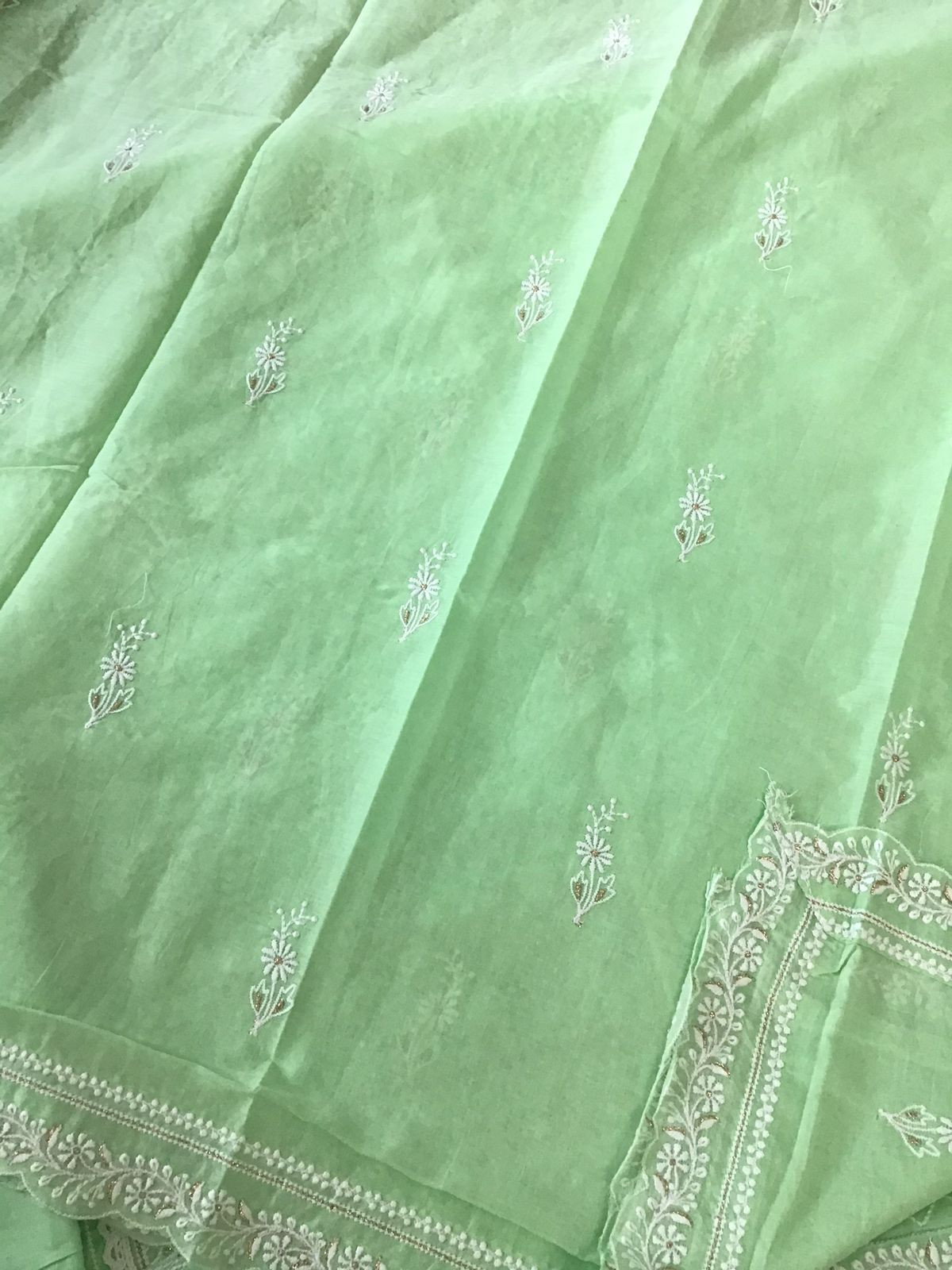 Pure Mul Cotton Embroidered Suit - Green