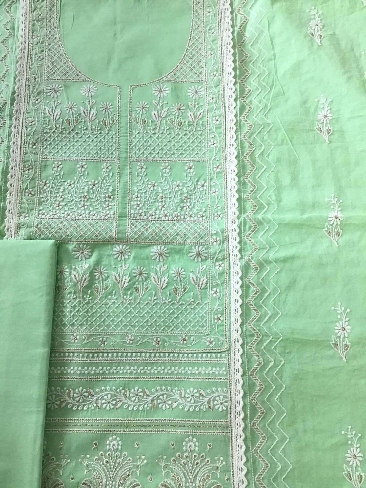 Pure Mul Cotton Embroidered Suit - Green