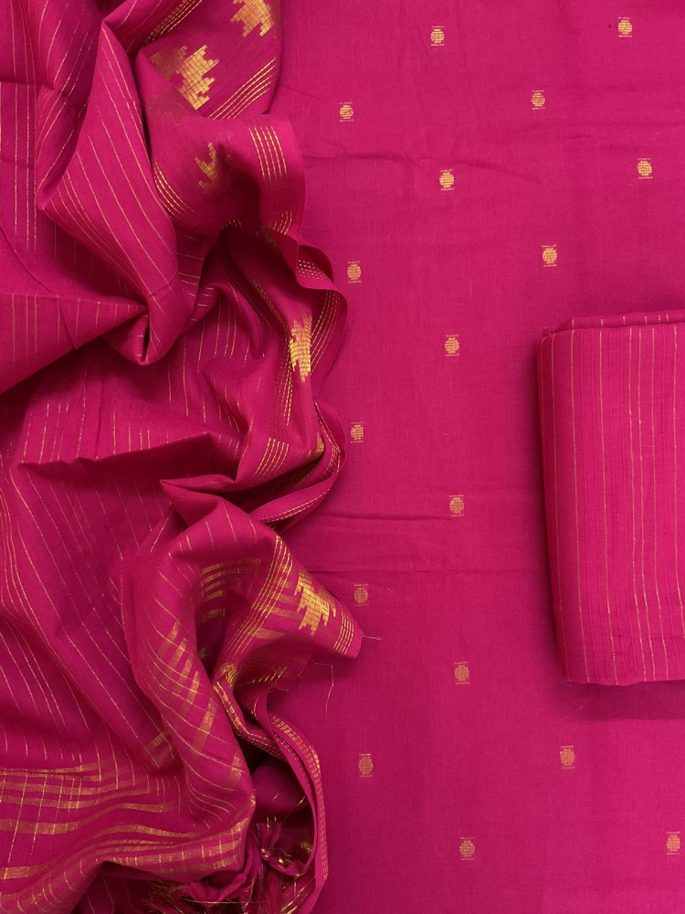 Image of Pure Handloom Cotton Self Weaved Suit - Pink