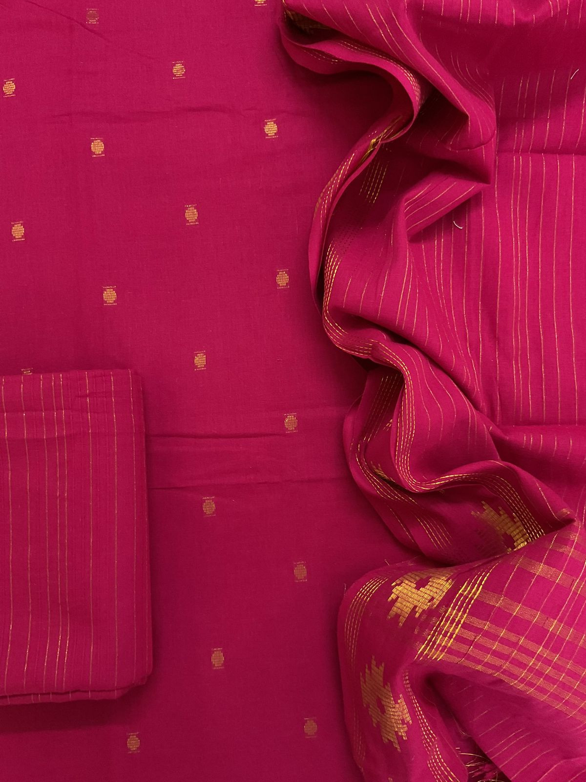 Pure Handloom Cotton Self Weaved Suit - Pink
