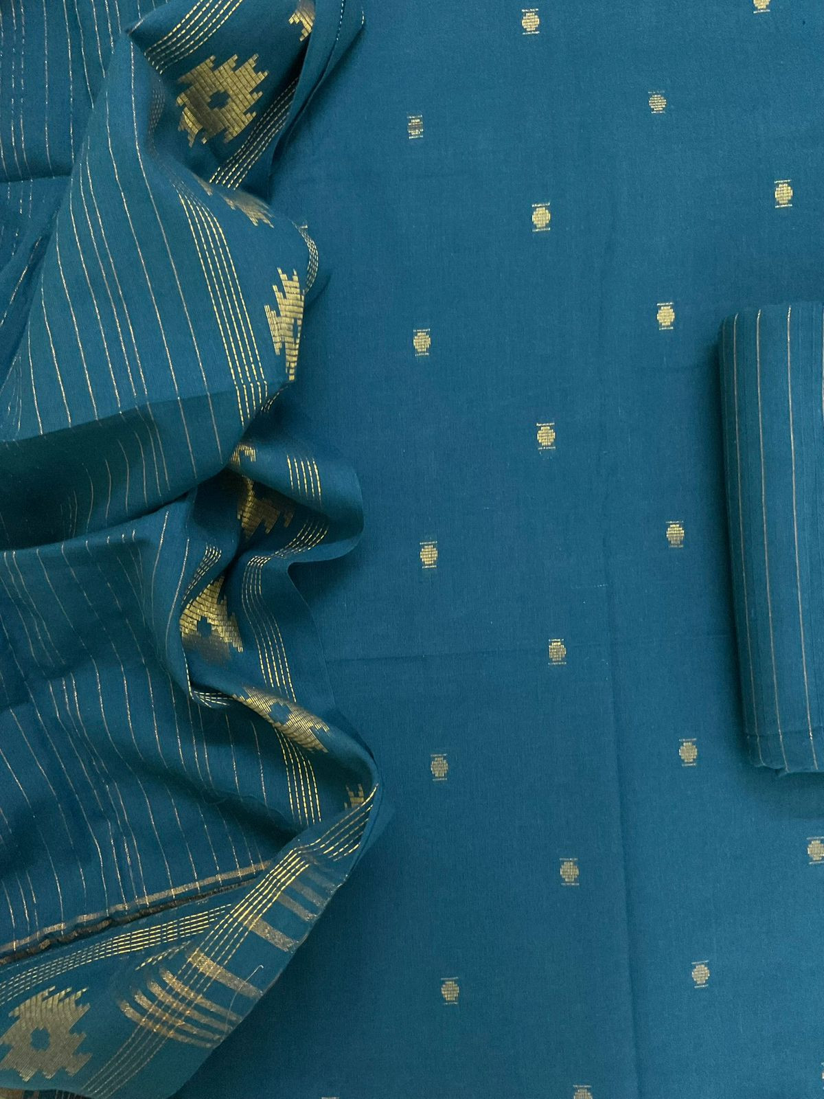 Pure Handloom Cotton Self Weaved Suit - Teal Blue