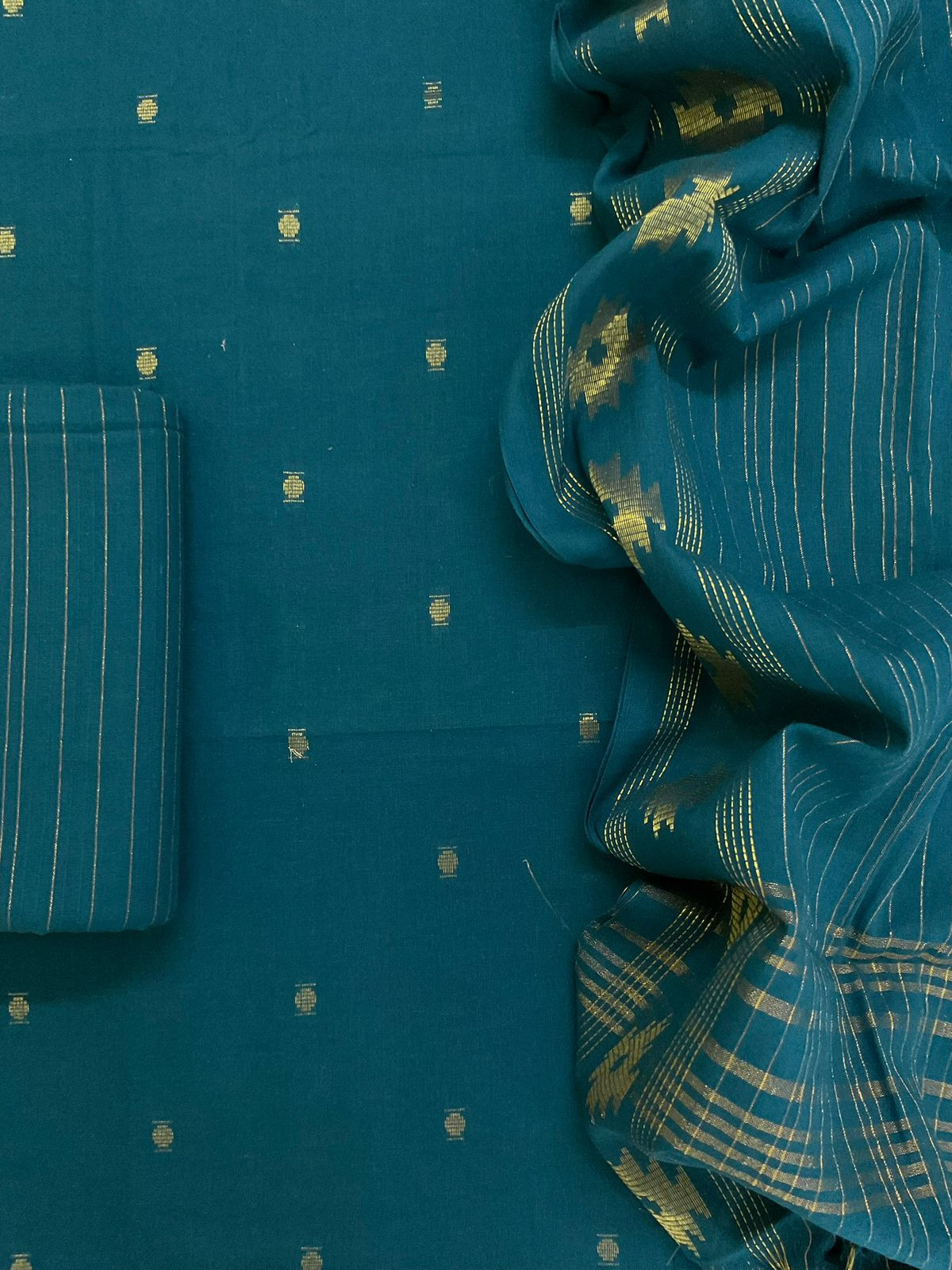 Pure Handloom Cotton Self Weaved Suit - Teal Blue