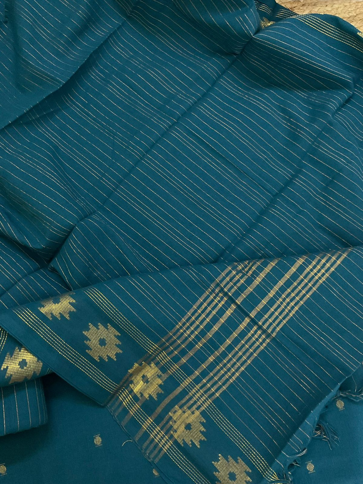 Pure Handloom Cotton Self Weaved Suit - Teal Blue