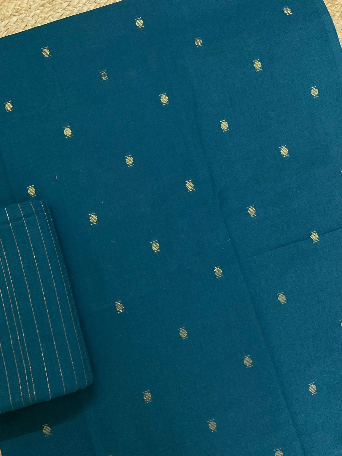 Pure Handloom Cotton Self Weaved Suit - Teal Blue