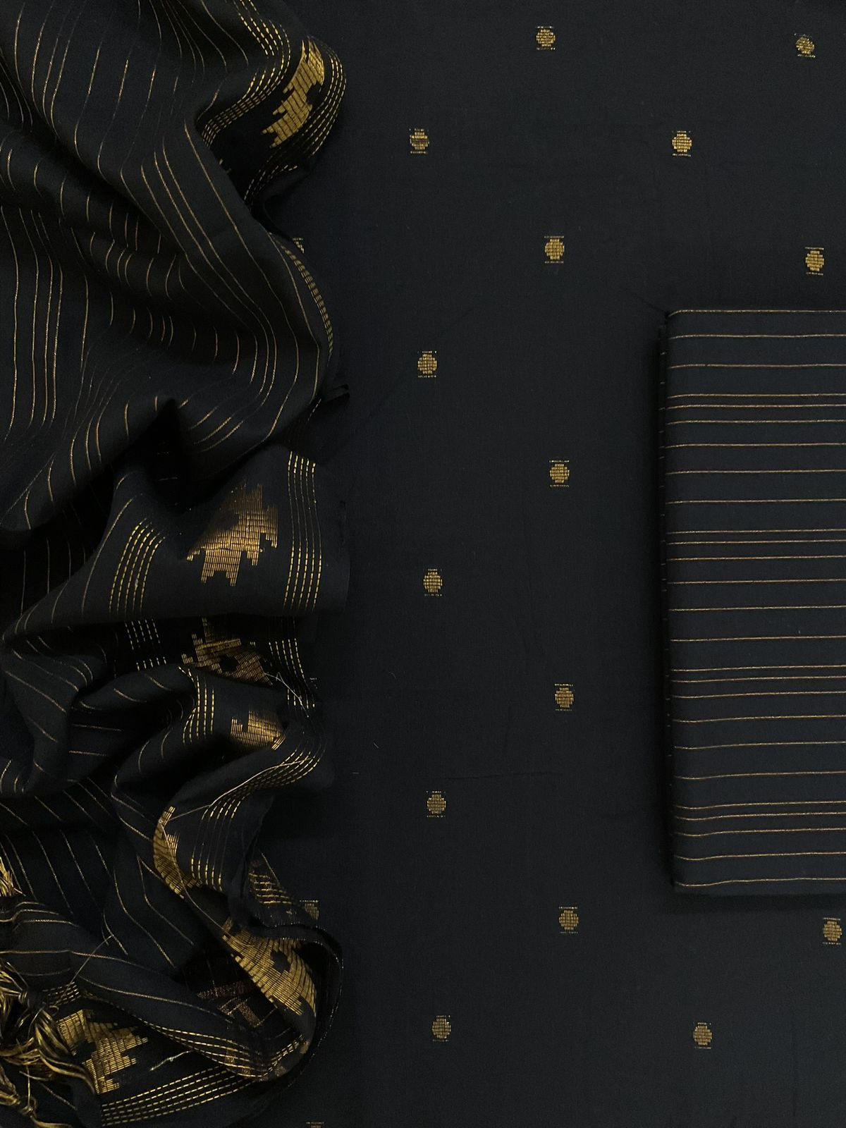 Pure Handloom Cotton Self Weaved Suit - Black