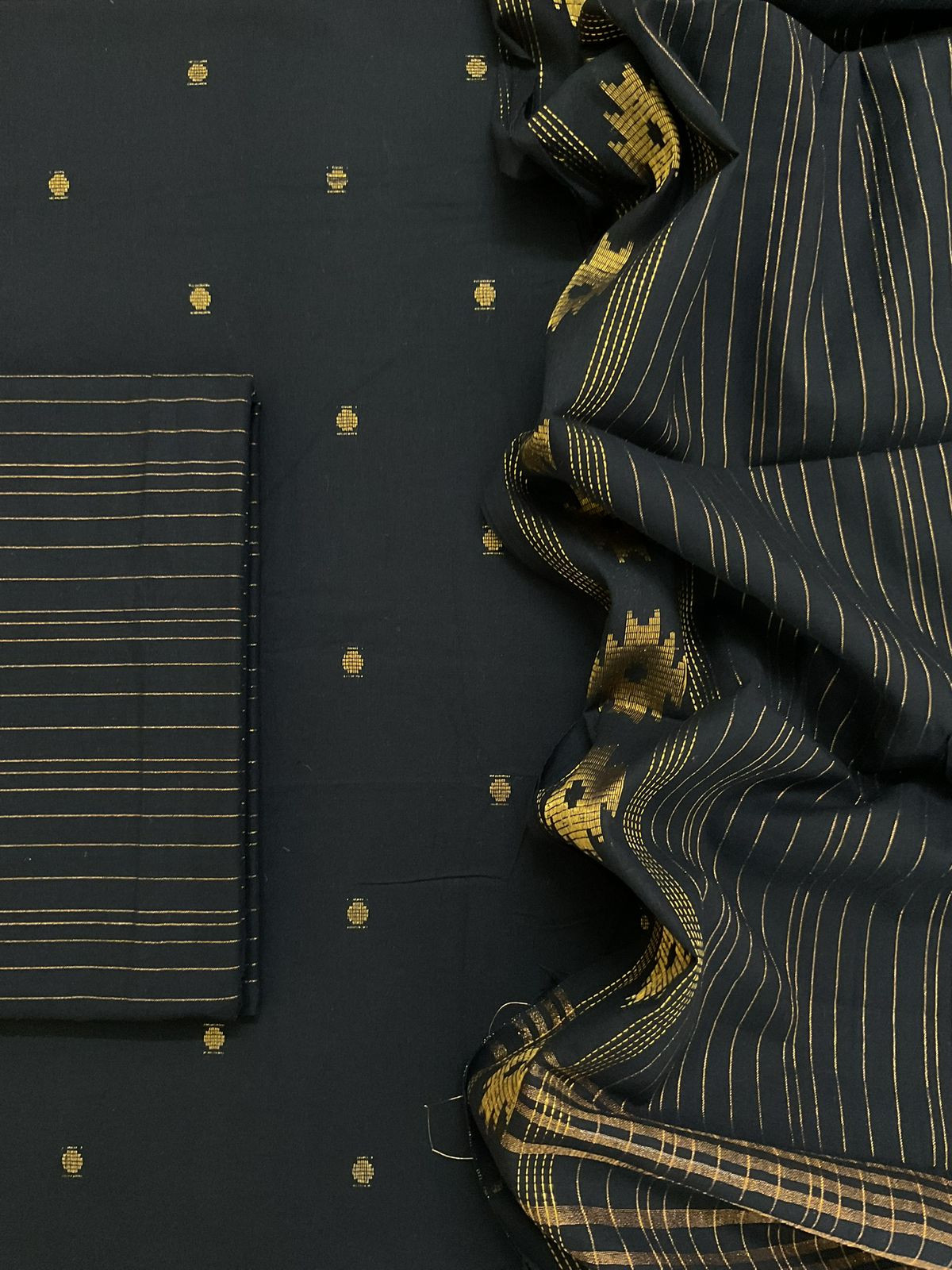 Pure Handloom Cotton Self Weaved Suit - Black