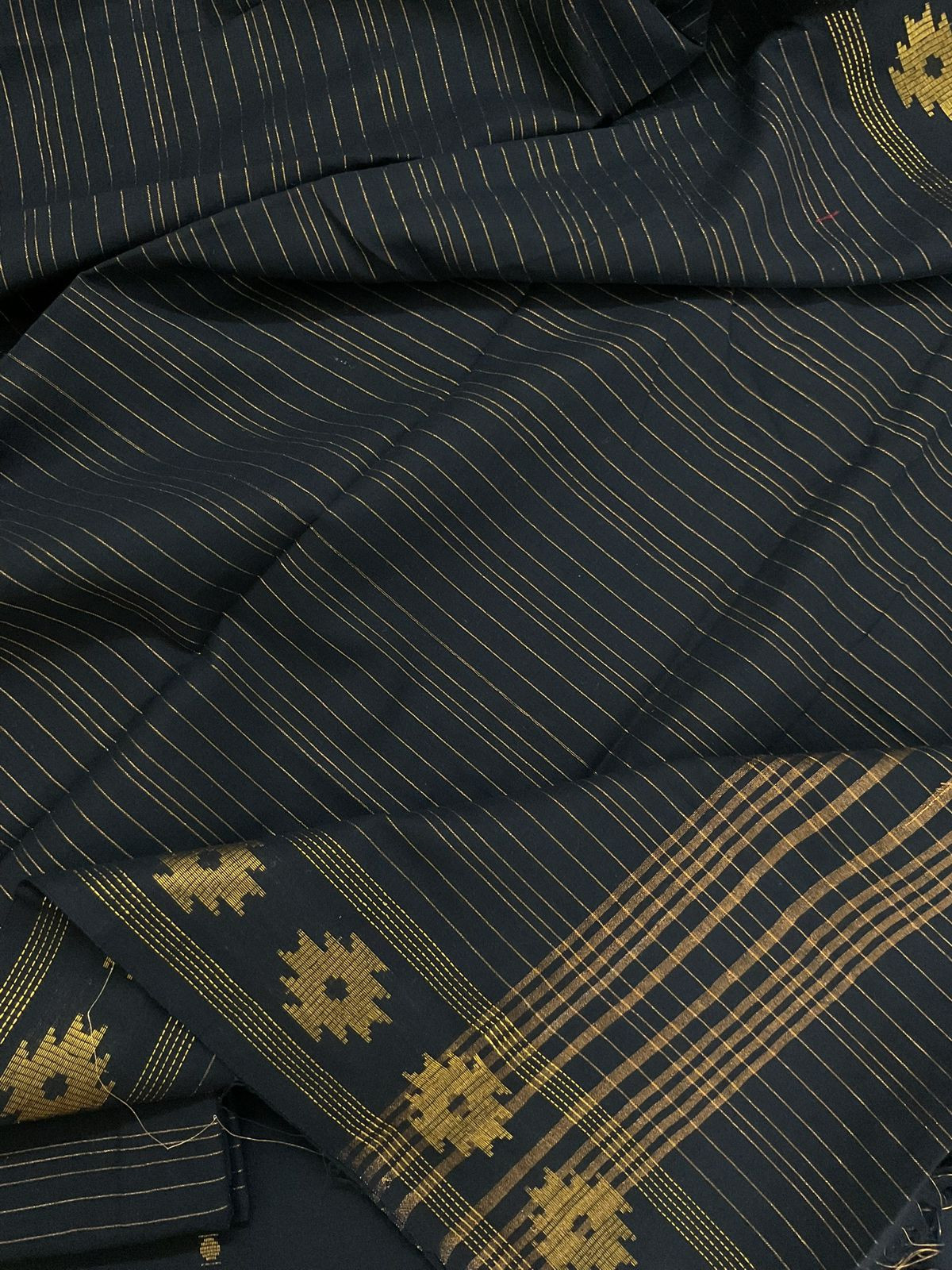 Pure Handloom Cotton Self Weaved Suit - Black