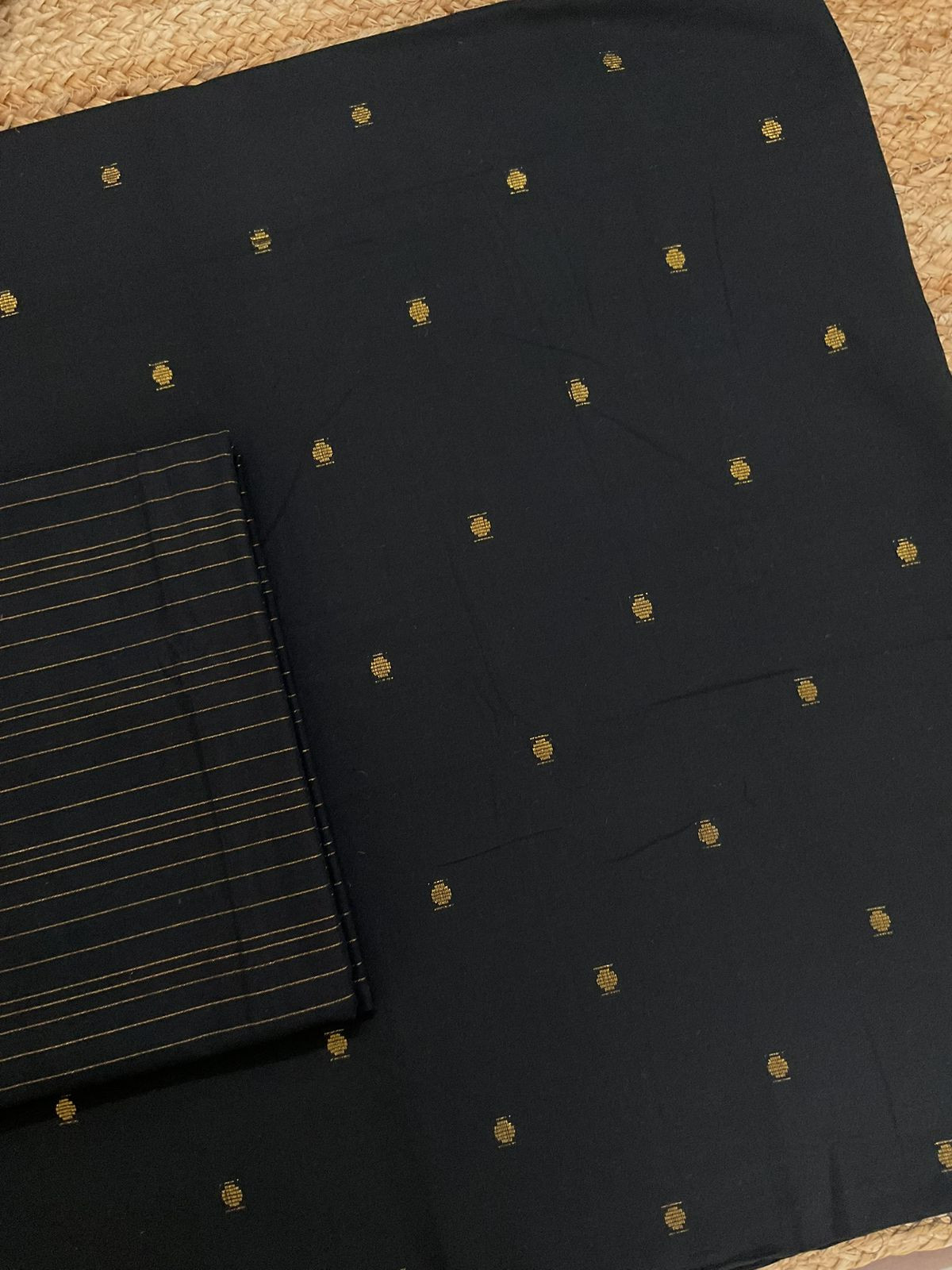 Pure Handloom Cotton Self Weaved Suit - Black