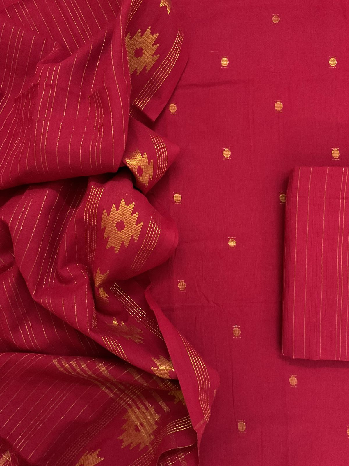 Pure Handloom Cotton Self Weaved Suit - Red