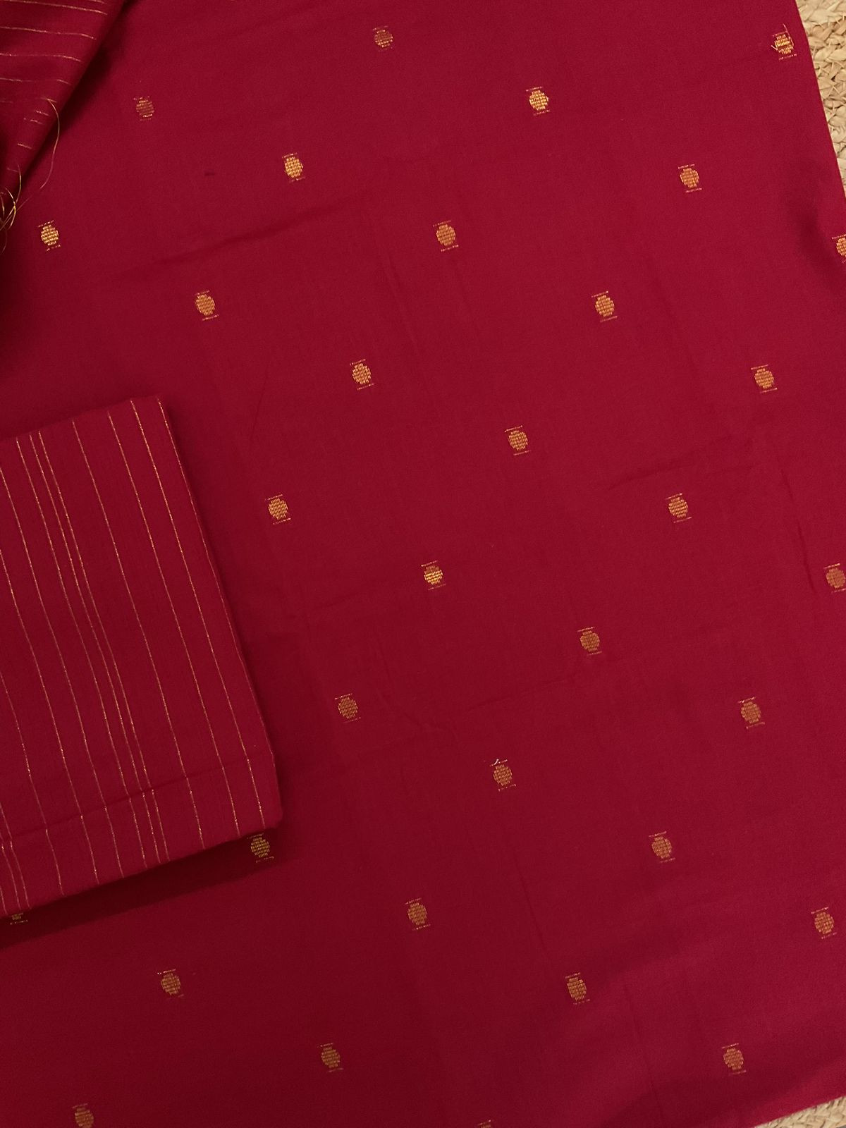 Pure Handloom Cotton Self Weaved Suit - Red