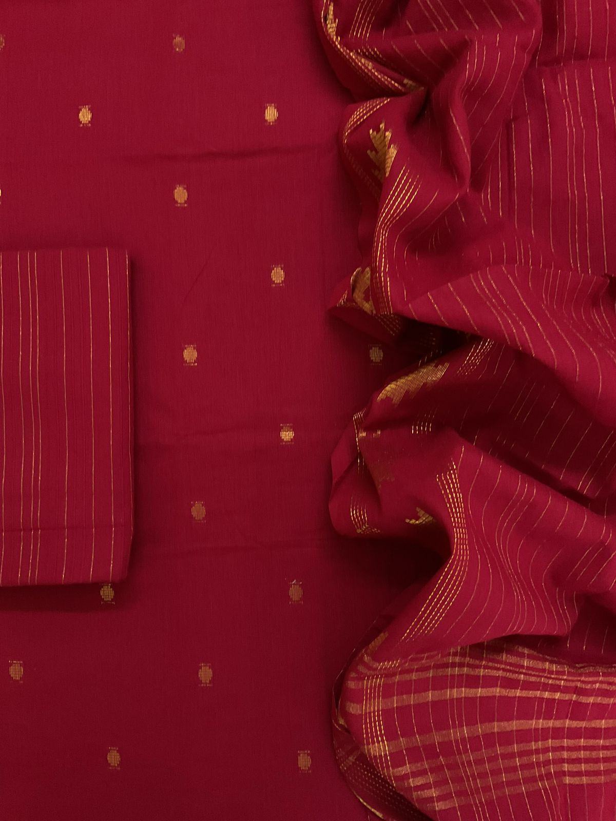 Pure Handloom Cotton Self Weaved Suit - Red