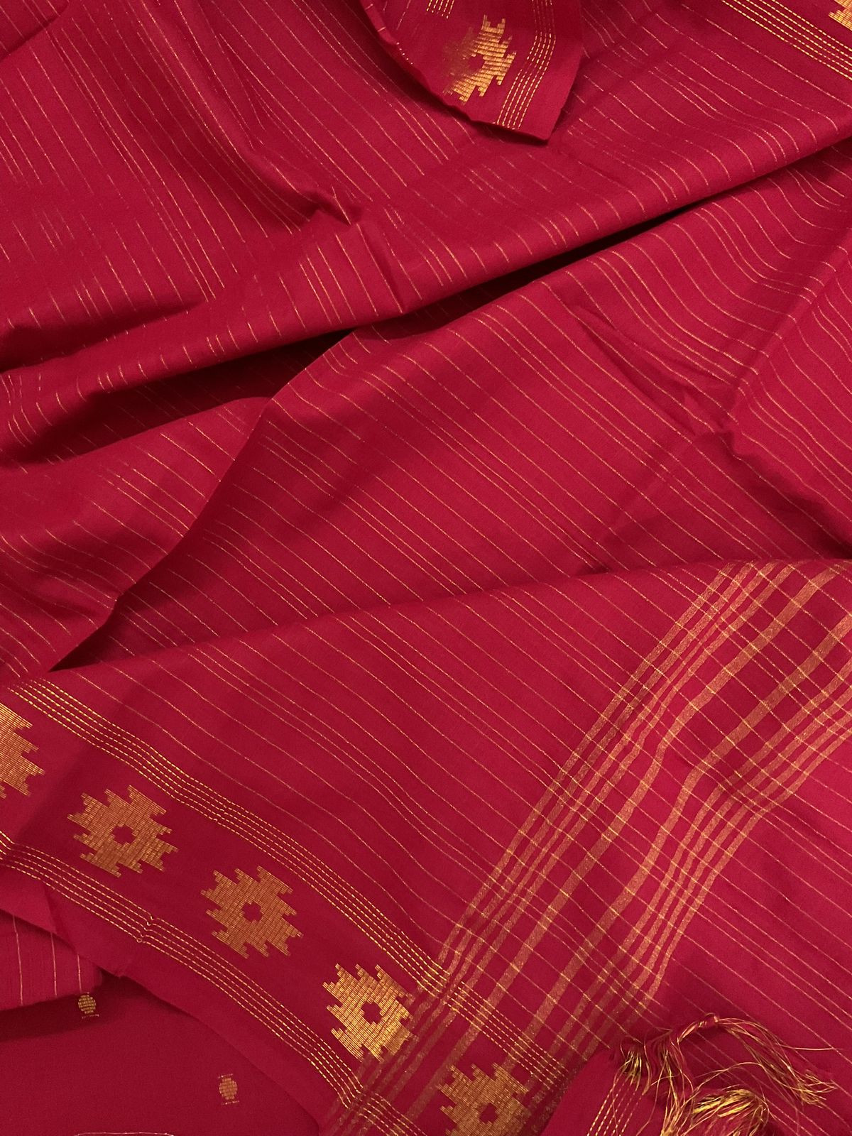 Pure Handloom Cotton Self Weaved Suit - Red