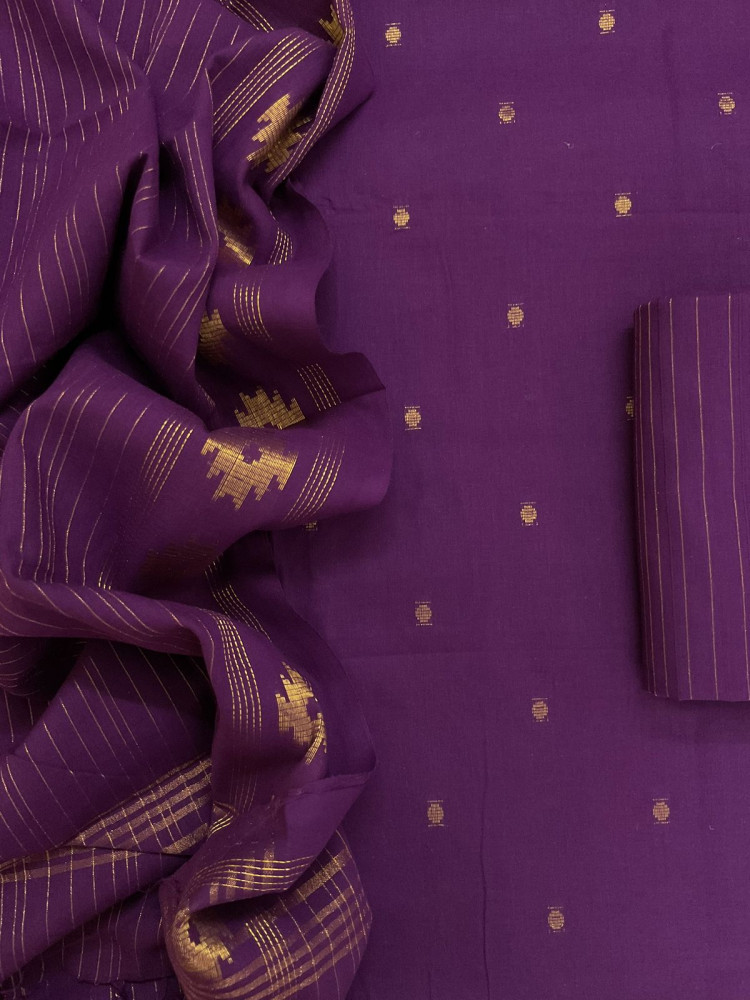 Image of Pure Handloom Cotton Self Weaved Suit - Violet