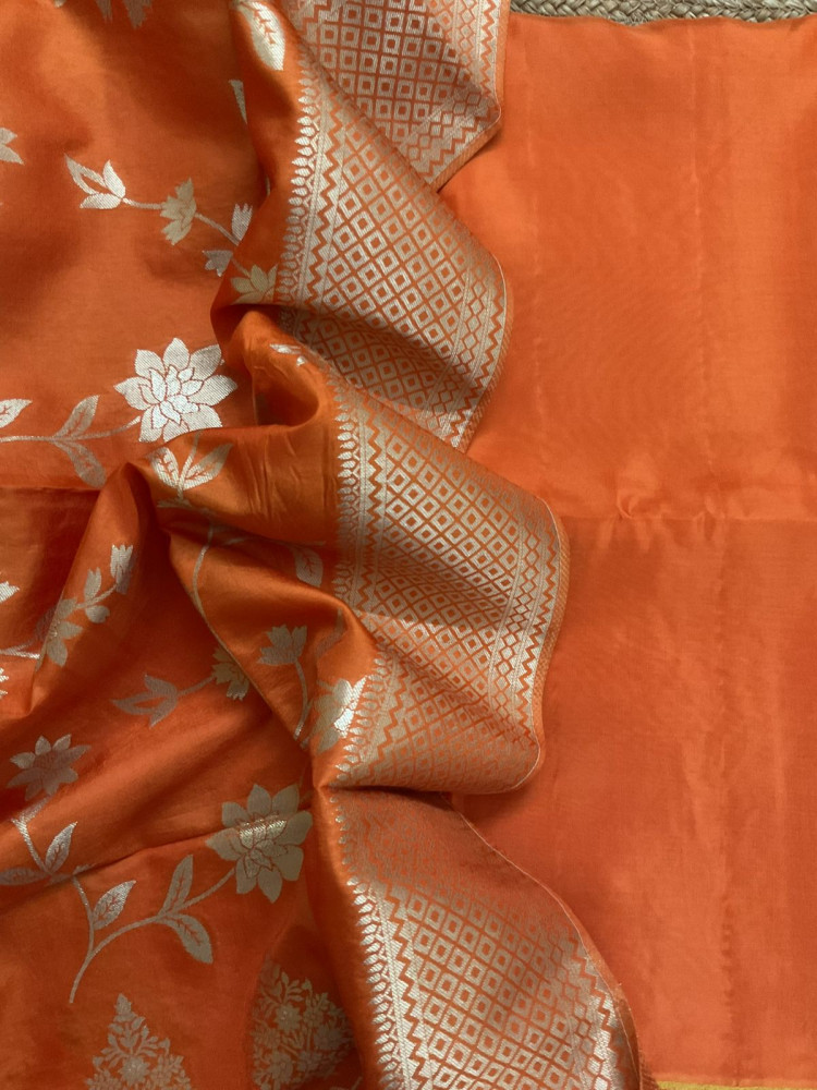 Image of Soft Dola Silk Banarasi Weaved Suit - Orange
