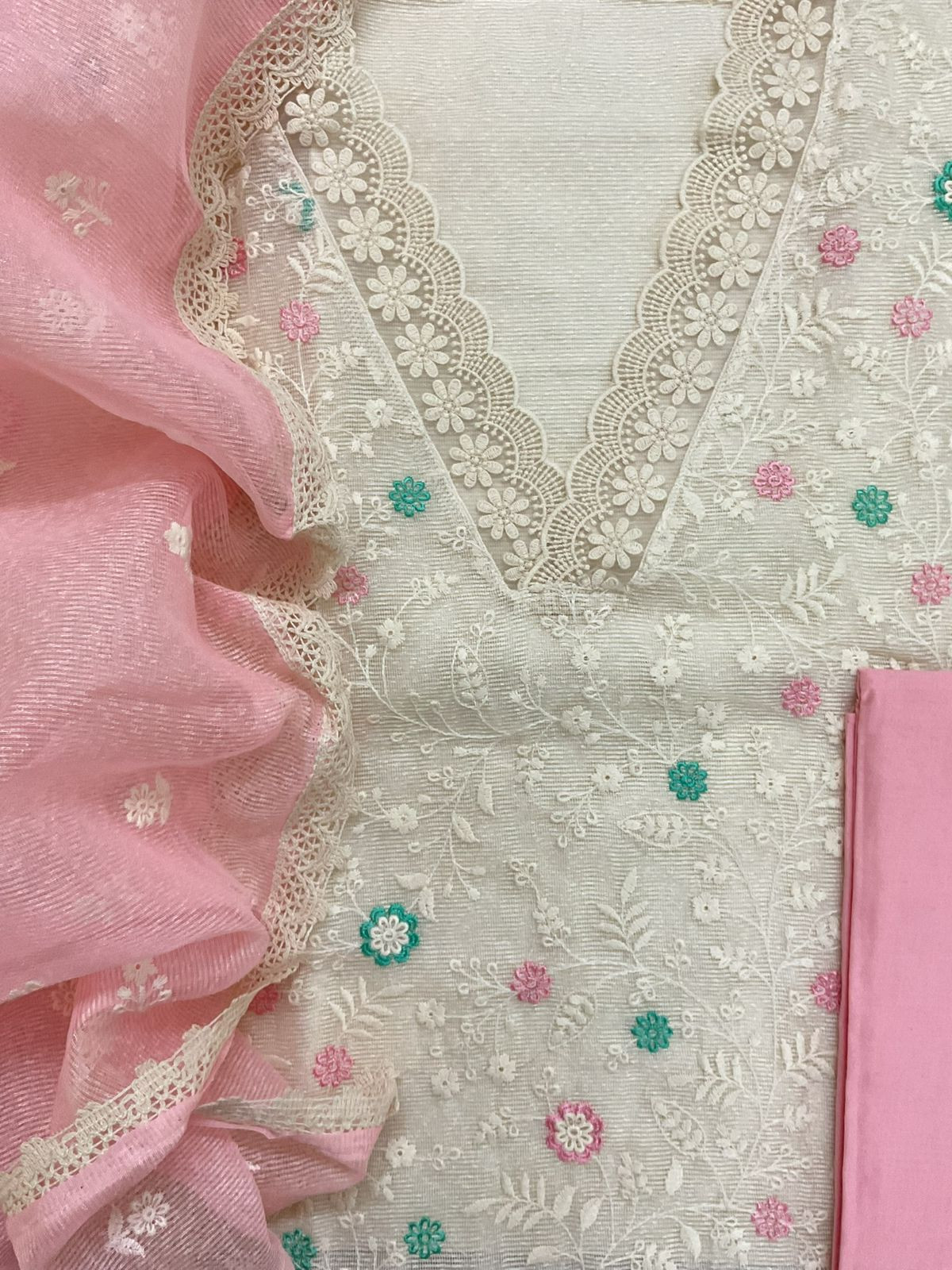 Soft Fine Supernet Embroidered Suit - Off White