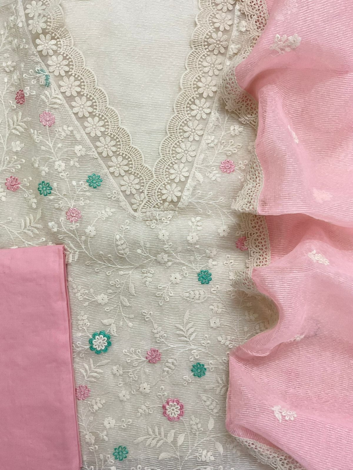 Soft Fine Supernet Embroidered Suit - Off White