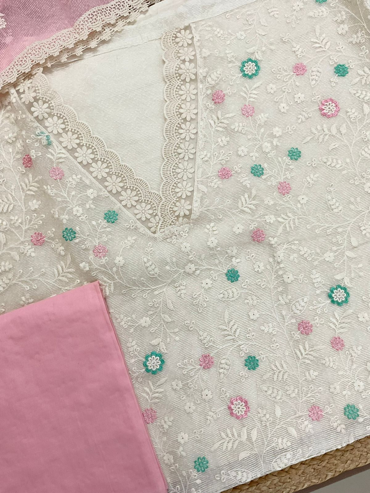 Soft Fine Supernet Embroidered Suit - Off White