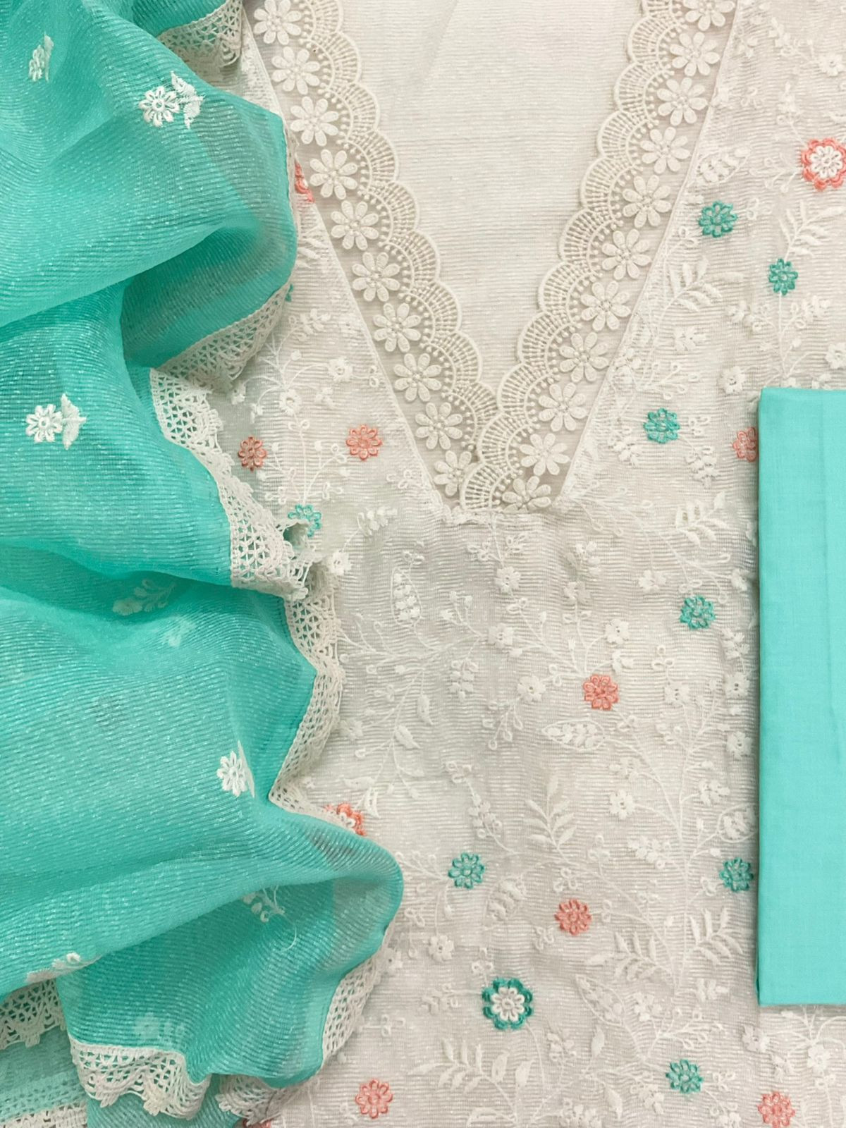 Soft Fine Supernet Embroidered Suit - Off White