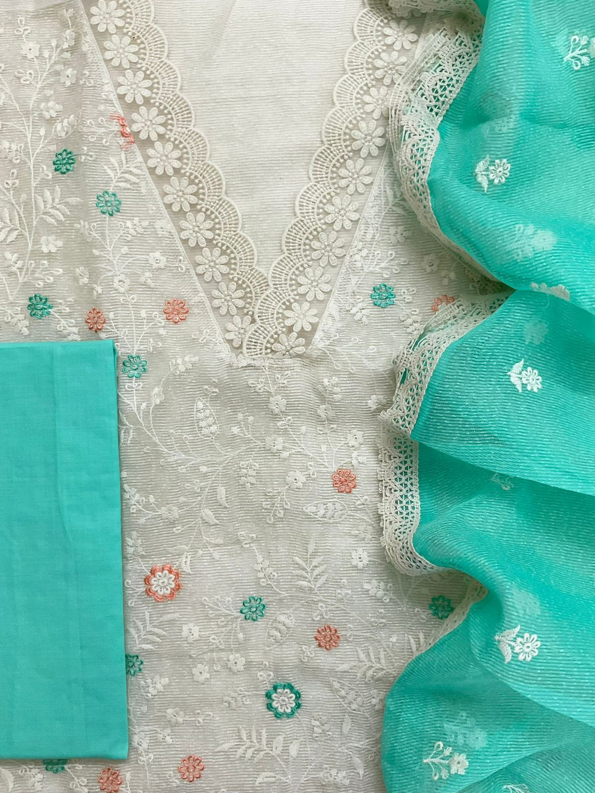 Soft Fine Supernet Embroidered Suit - Off White