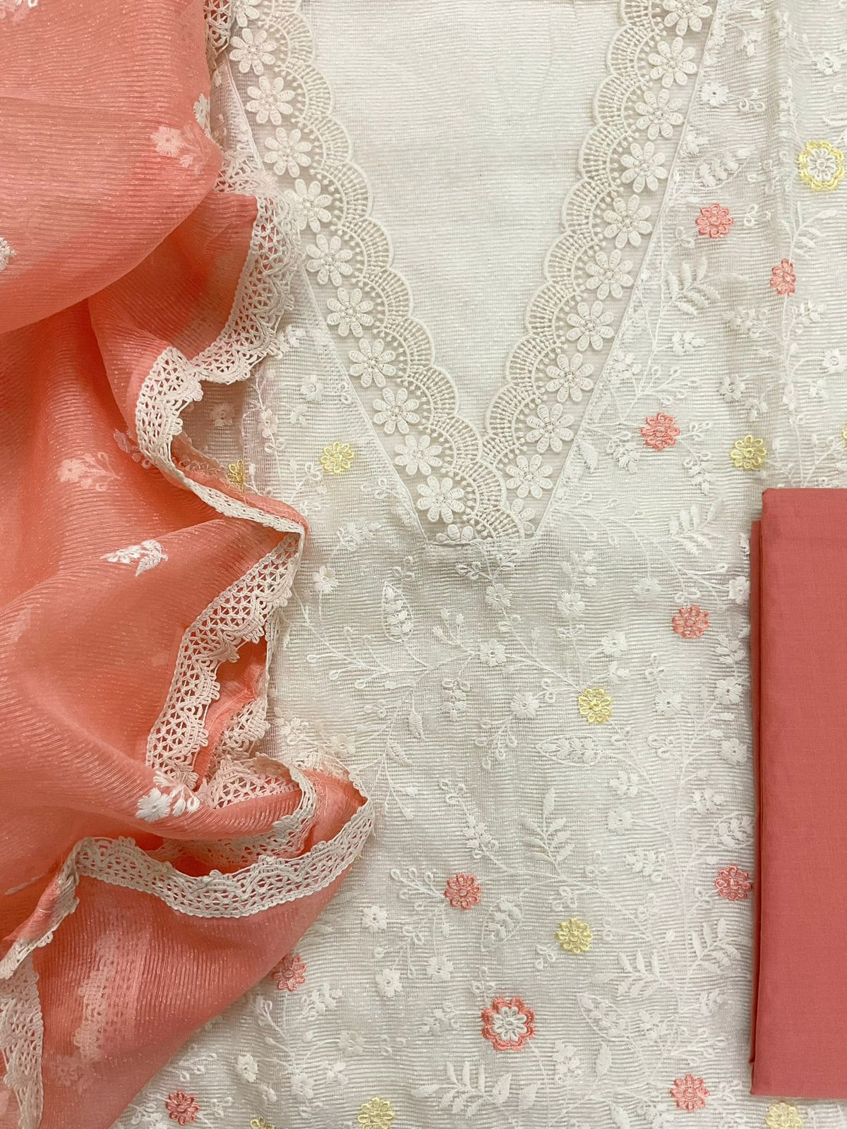 Soft Fine Supernet Embroidered Suit - Off White