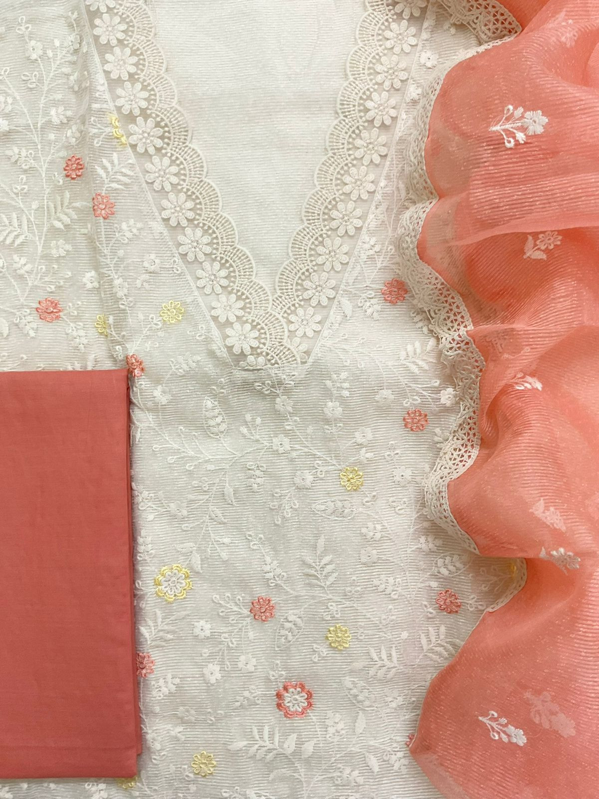 Soft Fine Supernet Embroidered Suit - Off White